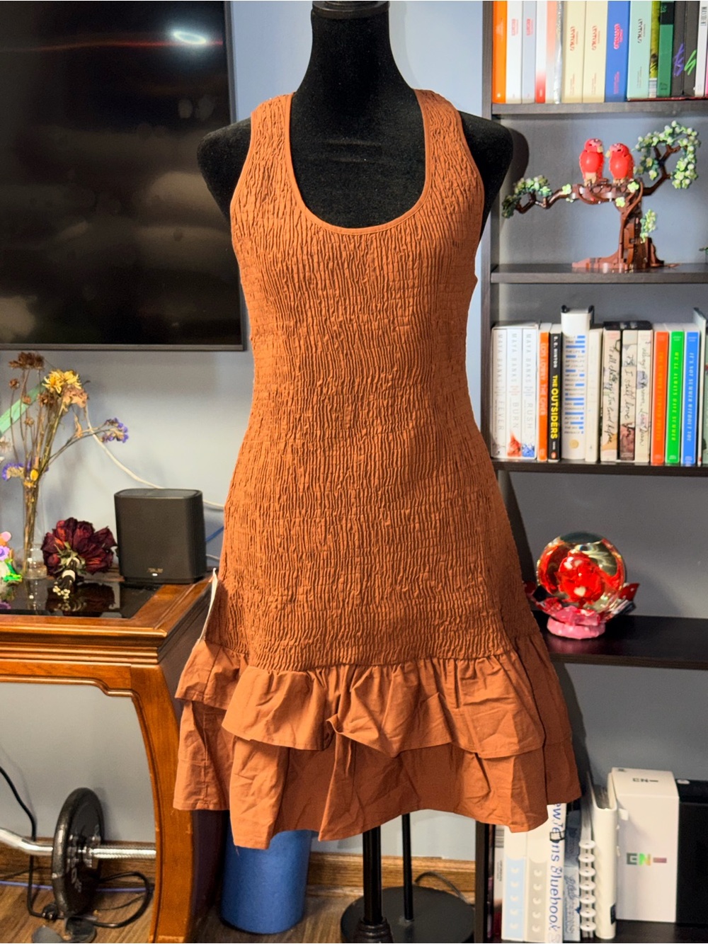 ASOS Rust/Brown Textured Ruffle-Hem Mini Dress